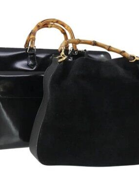 GUCCI Bamboo Hand Bag Patent leather 2 Set Black Auth bs33355